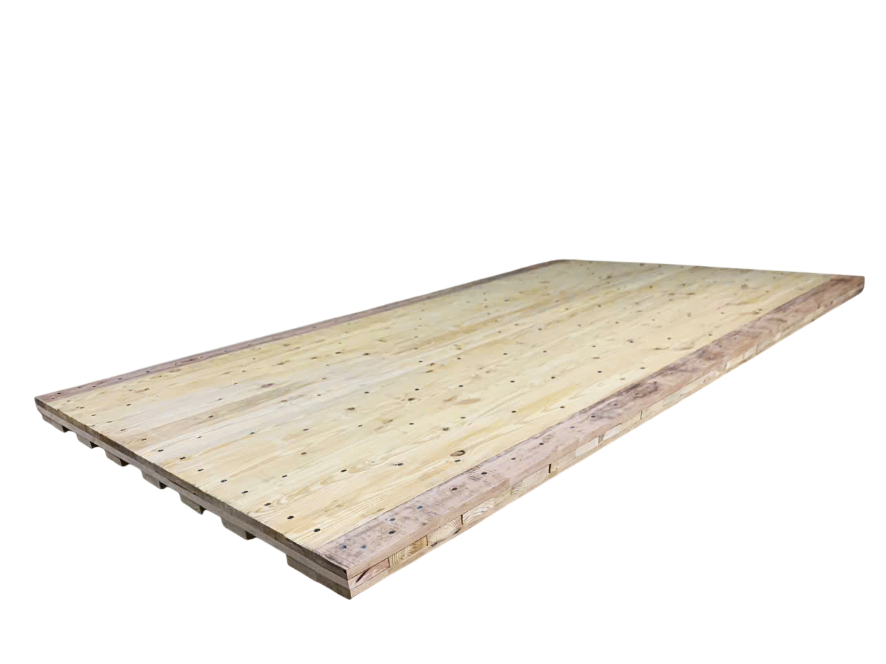 Hybrid 3-ply access mat showing the plies of kiln-dried boards laid flat, with hardwood edge boards